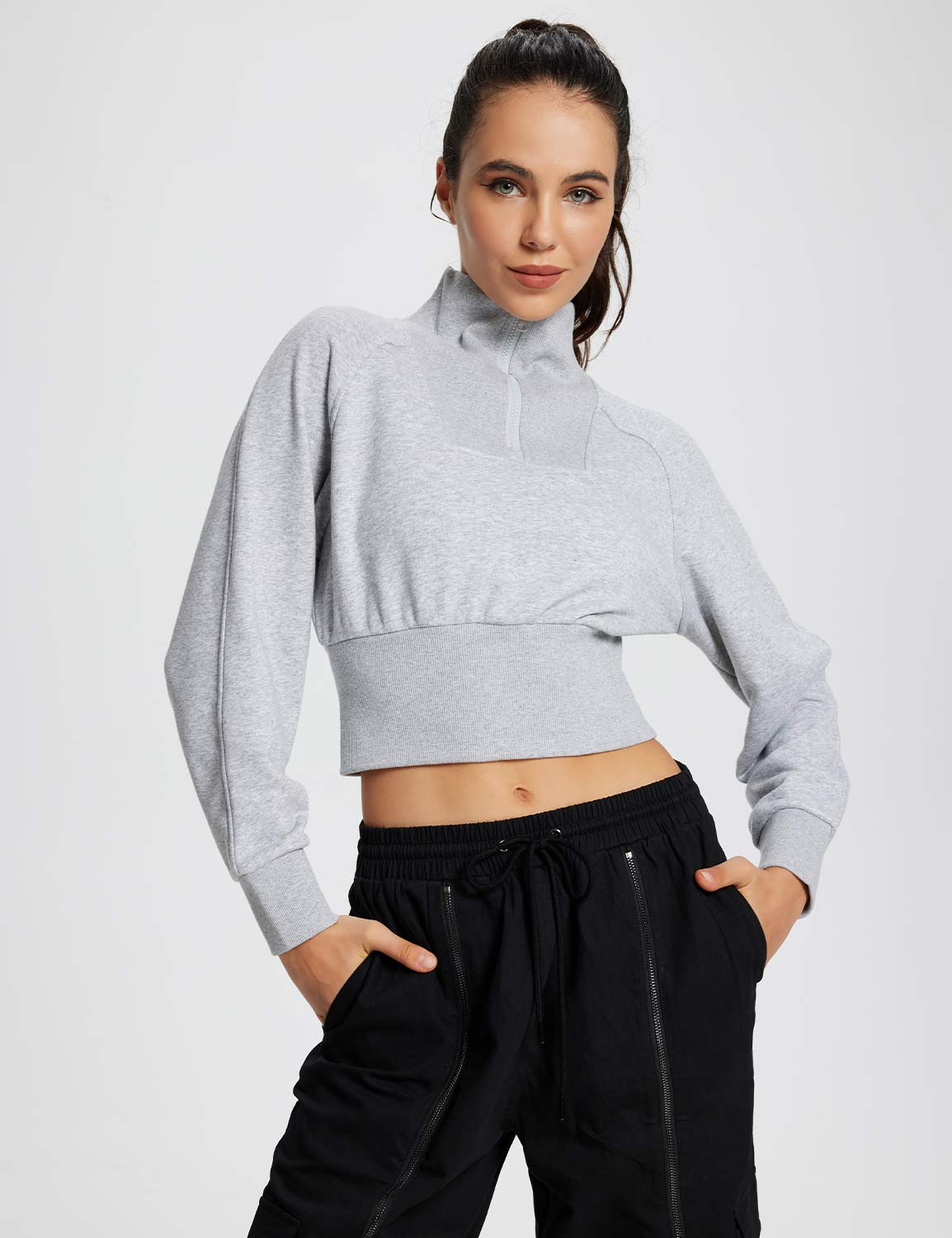 BALEAF Women's Zip Up Sweatshirts Fleece Lined Collar Crop Jackets